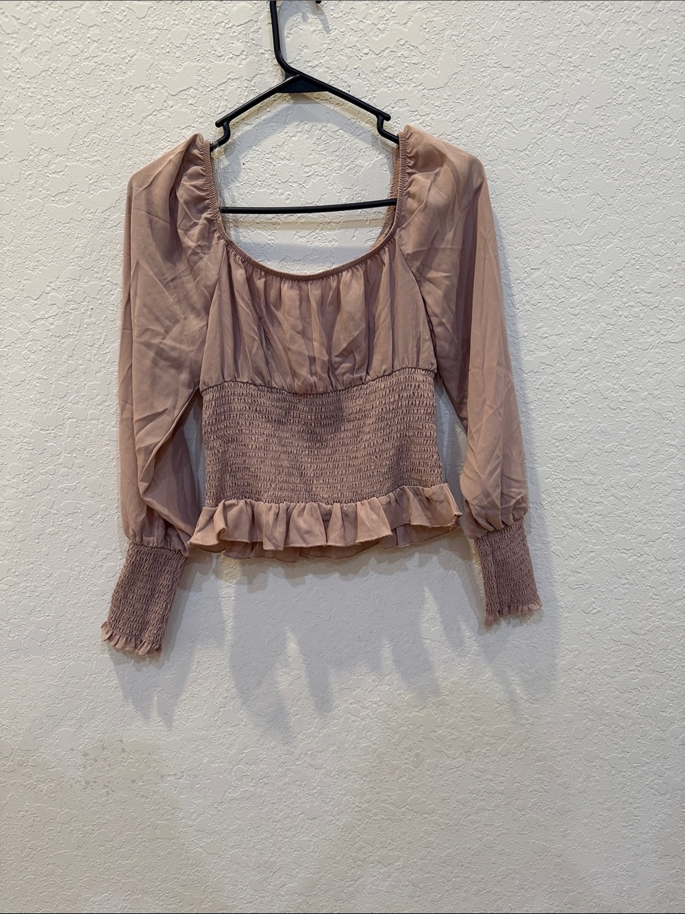 Smocked Peplum Blouse in Tan color